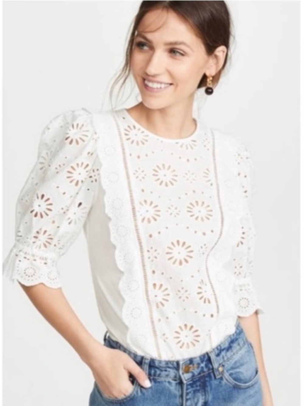 Veronica Beard White Eyelet Lace Puff Sleeve Blouse